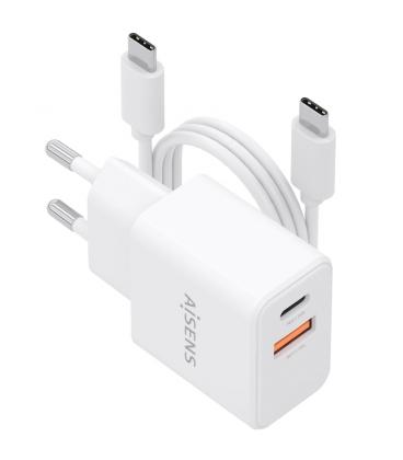 Cargador de pared gan aisens asch-20w2p083-w/ 1xusb tipo-c/ 1xusb/ 20w/ blanco/ incluye cable usb tipo-c