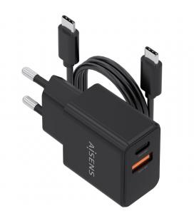 Cargador de pared gan aisens asch-20w2p084-bk/ 1xusb tipo-c/ 1xusb/ 20w/ incluye cable usb tipo-c