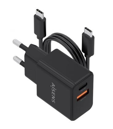 Cargador de pared gan aisens asch-20w2p084-bk/ 1xusb tipo-c/ 1xusb/ 20w/ incluye cable usb tipo-c