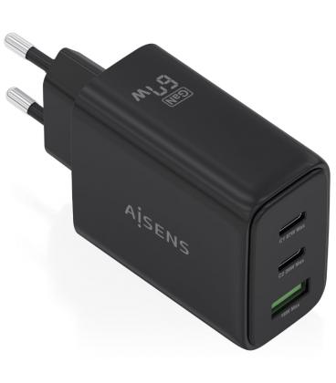 Cargador de pared gan aisens asch-67w3p087-bk/ 2xusb tipo-c/ 1xusb/ 67w